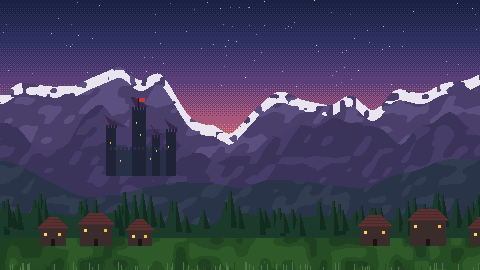 A pixel-art dusk over mountains, a dark castle on a hill and a village below